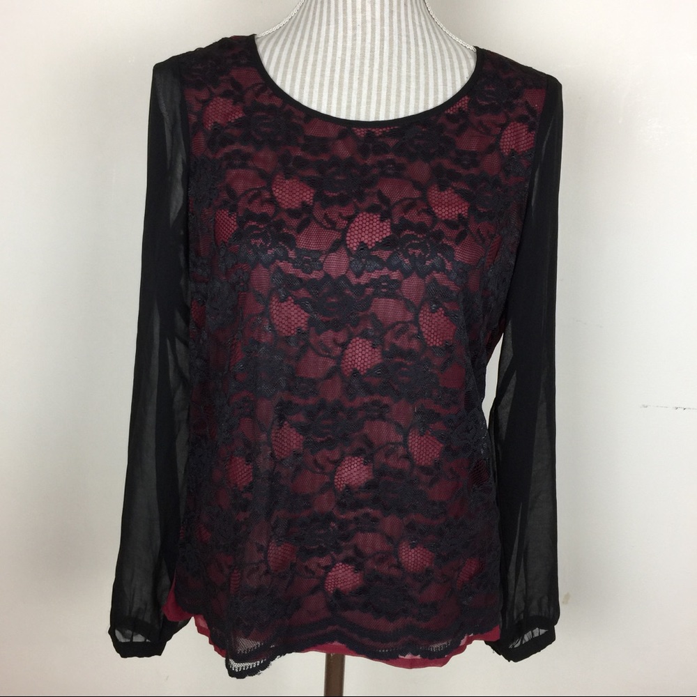NWT THE LIMITED Maroon and Black Sheer Lace Top SMALL - Picture 2 of 7